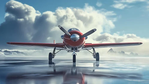Sleek red propeller plane rests on icy reflective runway.