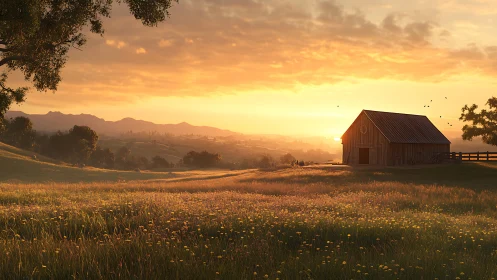 Golden rural sunset over barn and wildflower meadow landscape.
