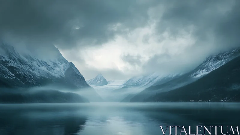 Snowy fjord valley under low clouds and calm water.