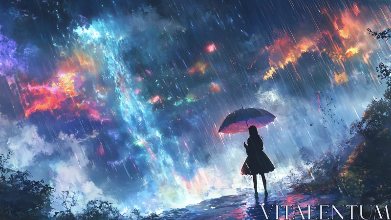 Girl under umbrella watches radiant cosmic rain cascade