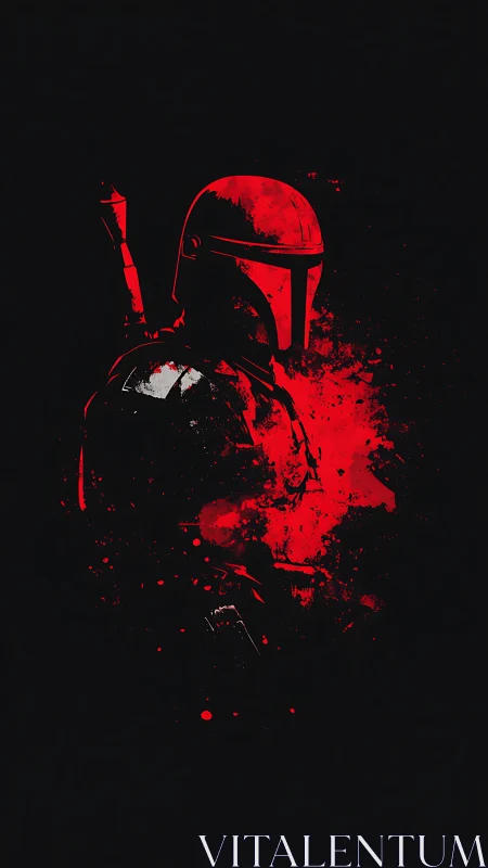 Graphic silhouette poster of armored bounty hunter in red field.