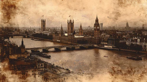Sepia panoramic study of Westminster Palace and River Thames