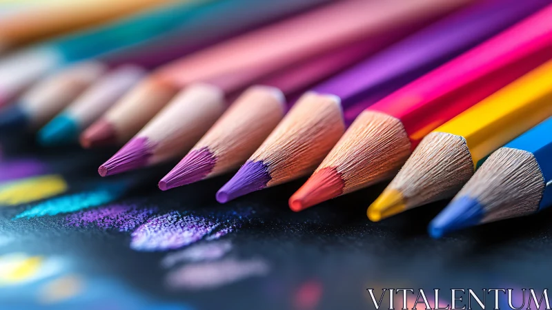 Close-up row of sharpened colored pencils on dark surface.