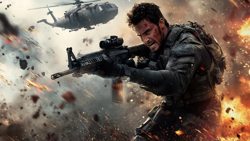 Tactical operator advancing through explosive debris with carbine