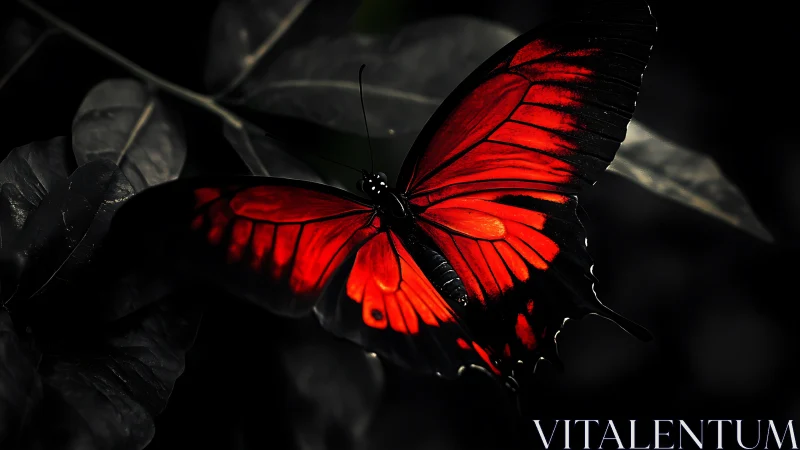 Scarlet butterfly spreads vivid wings over dark foliage