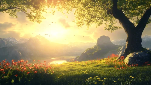 Sunlit valley landscape with lone tree and distant peaks.