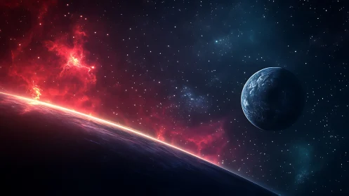 Dual-planet cosmic vista with red nebular bloom and rim-lit horizon