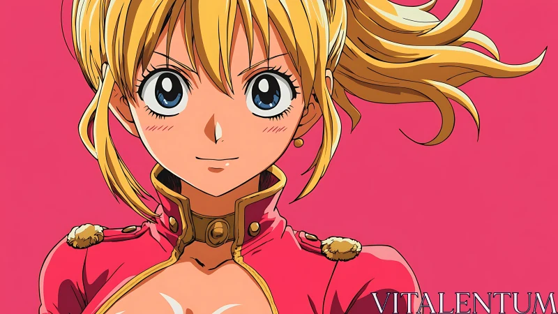 Anime heroine portrait with bold flat-color background design.