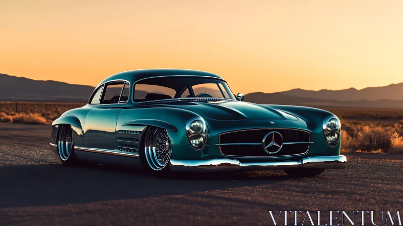 Teal classic Mercedes coupe at sunset on desert highway