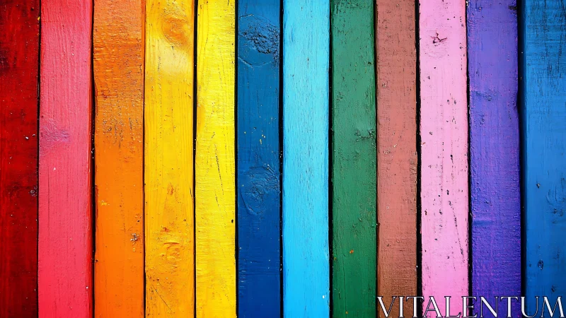 Colorful vertical wooden planks in bright rainbow stripes.