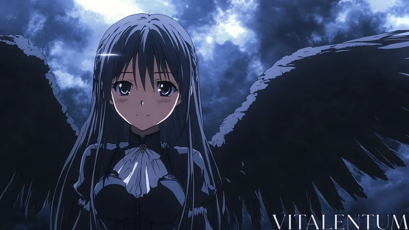 Midnight-winged anime angel girl beneath stormlit skies.