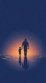 Silhouetted adult and child walking across reflective water.