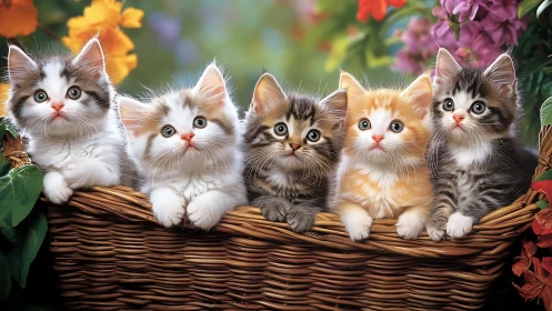 Five Kittens Sitting on Wooden Branch Surrounded by Colorful Flowers