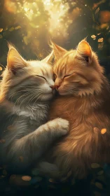 Two Felines in Golden Luminescence: Embraced Cats with Ethereal Light.
