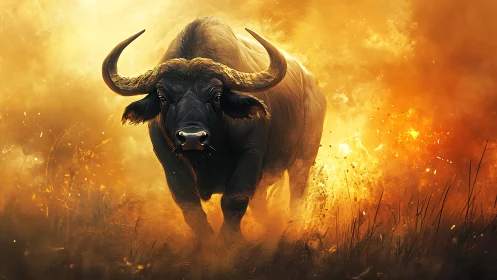 High-contrast buffalo charge rendered through volumetric fire haze