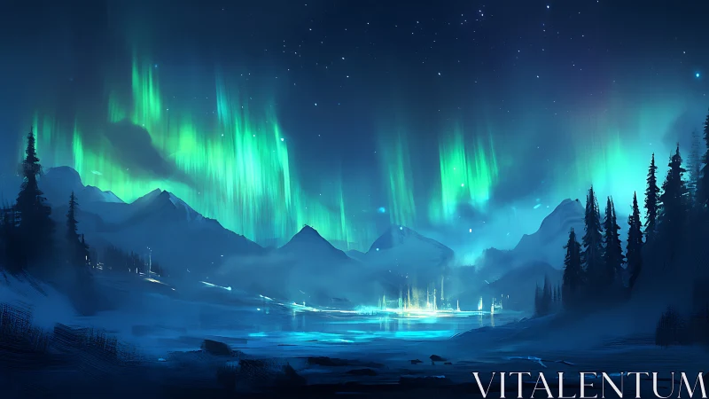 Emerald aurora drapes snowy mountains in serene polar night