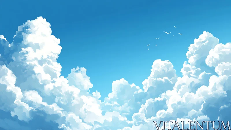 Sunlit daydream clouds drifting across clear blue sky.