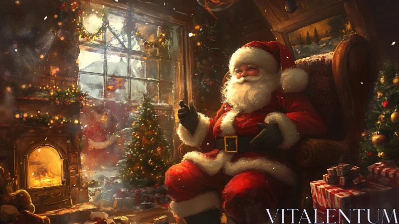 Cozy Santa by the fireside sharing quiet Christmas magic.