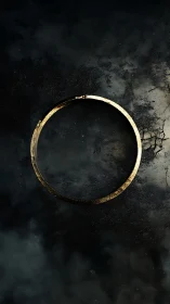 Weathered metallic ring floats above cracked, smoky ground