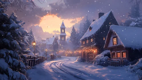 Snow-covered village street with houses and church at dusk.