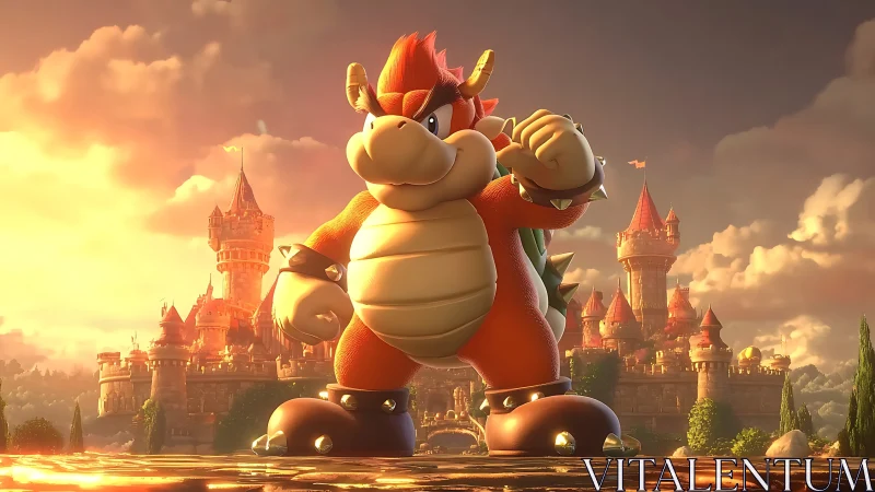 Sunlit castle standoff with a fiery, determined reptile hero.