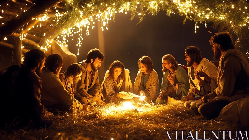 Group of people sit around central fire in a straw shelter