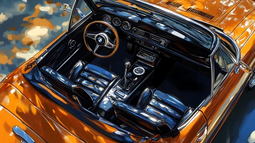 Overhead digital study of vintage BMW roadster interior surfaces