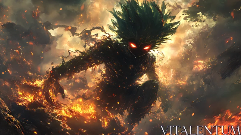 Infernal forest spirit descending amid erupting embers.