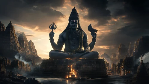 Colossal Shiva statue towers above burning ancient cityscape