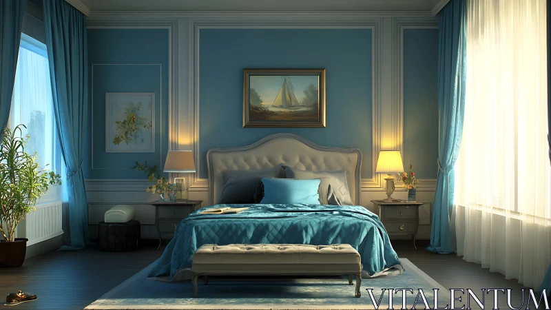 Blue bedroom interior shows centered bed with warm lighting