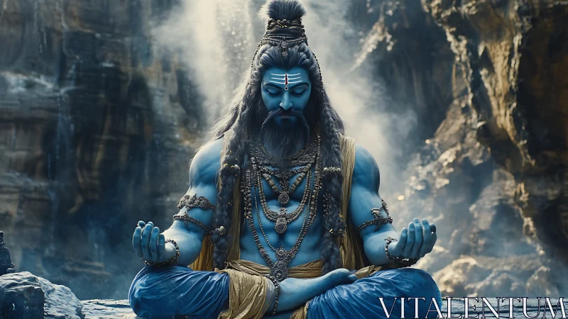 Hyperreal blue-skinned ascetic deity in meditative lotus pose