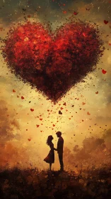 Silhouetted Couple Beneath Fractured Heart Constellation.
