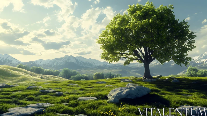 Gentle sunlight drapes a lone tree across a quiet valley