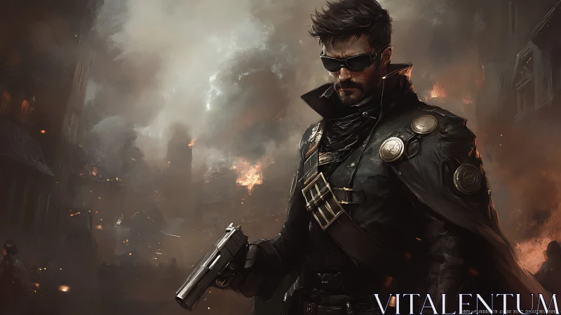 Cyber-noir gunman surveys burning city in cinematic chiaroscuro