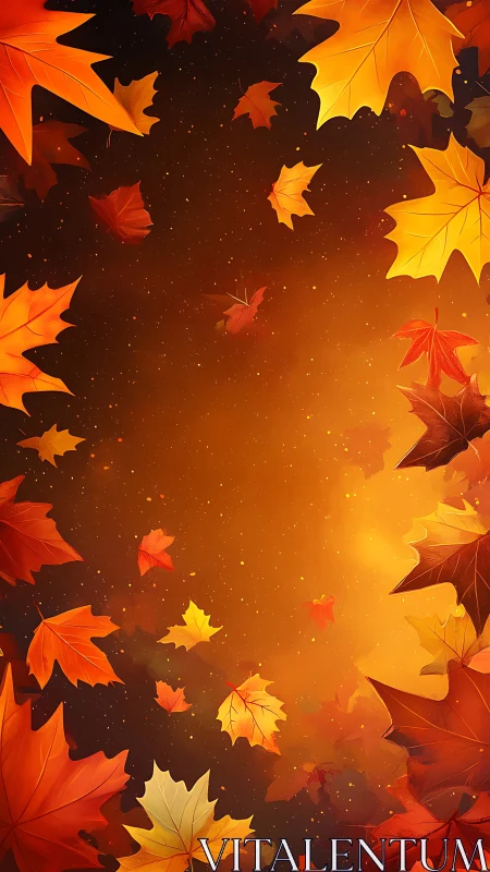 Autumn maple leaves encircle a glowing amber gradient field