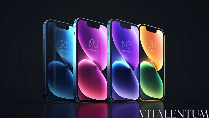 Four Premium Smartphones with Vibrant Gradient Display Wallpapers. Rendered