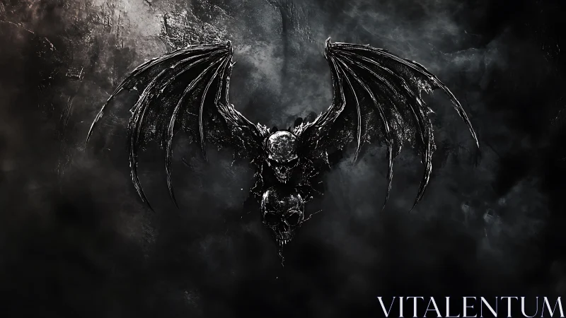 Winged skull wreathed in storm-black ash and burning void.