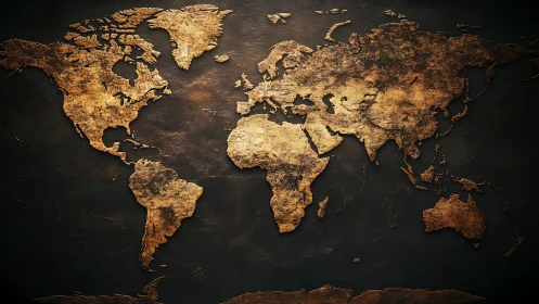 Golden world map on dark wall inviting quiet wanderlust.