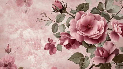Vintage Pink Roses on Weathered Floral Canvas