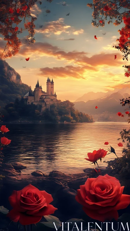 Romantic lakeside castle embraced by glowing sunset roses.
