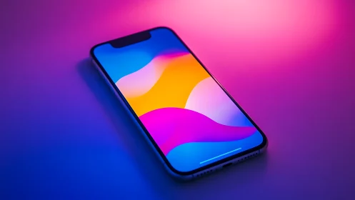 Smartphone displaying vibrant gradient wallpaper with flowing color waves
