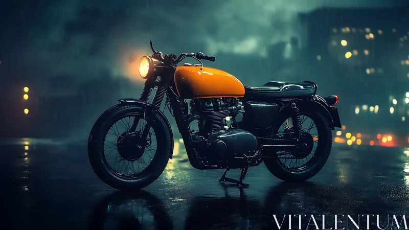 Vintage cafe racer motorcycle in neon-lit rainy night city