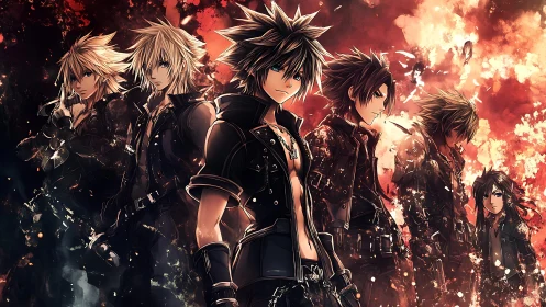 Blazing anime warriors stride through a storm of embers.