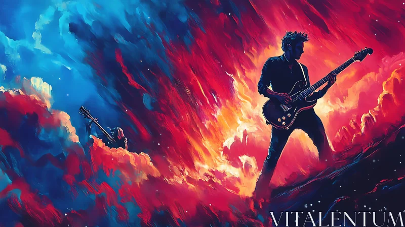 Digital painting of cosmic guitar solo amid nebular firestorm.