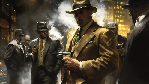 Nighttime mobsters gather in smoky, golden city streets.