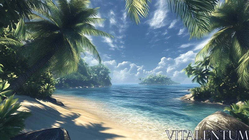 Tropical Coastal Cove with Palm Fronds and Island View.