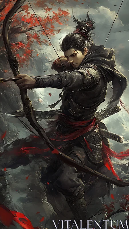 Dynamic archer in mid-draw amid stormy cliffside and red foliage