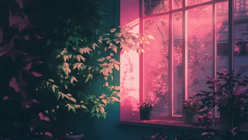 Interior window garden in pink twilight diffuse backlighting