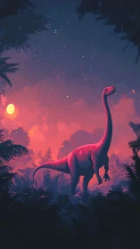 Gentle sauropod lingers under neon twilight jungle skies