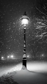 Monochrome winter lamppost in nocturnal park composition.